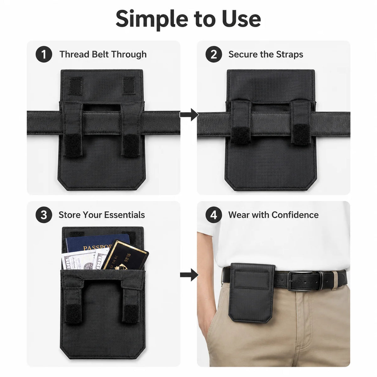 2026 Black Slim Belt Wallet Zero Bulk Anti Theft Belt Clip Mini Belt Wallet Hook and Loop Closure Hidden Compartment Belt Wallet