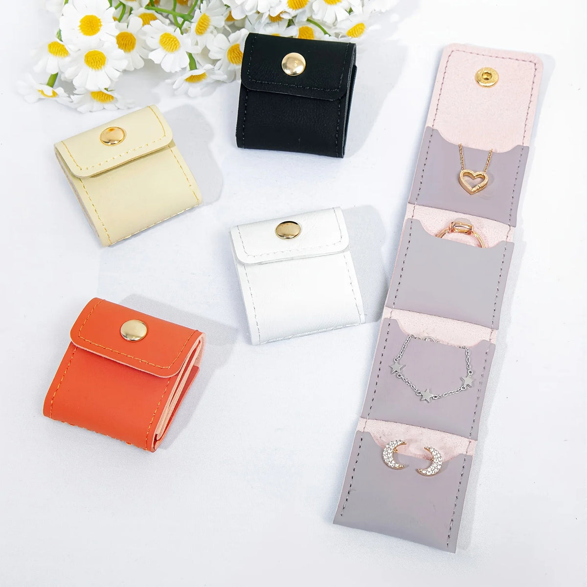 Portable PU Jewelry Storage Bag Mini Snap Button Jewellery Pouch for Earrings Rings Necklaces Travel