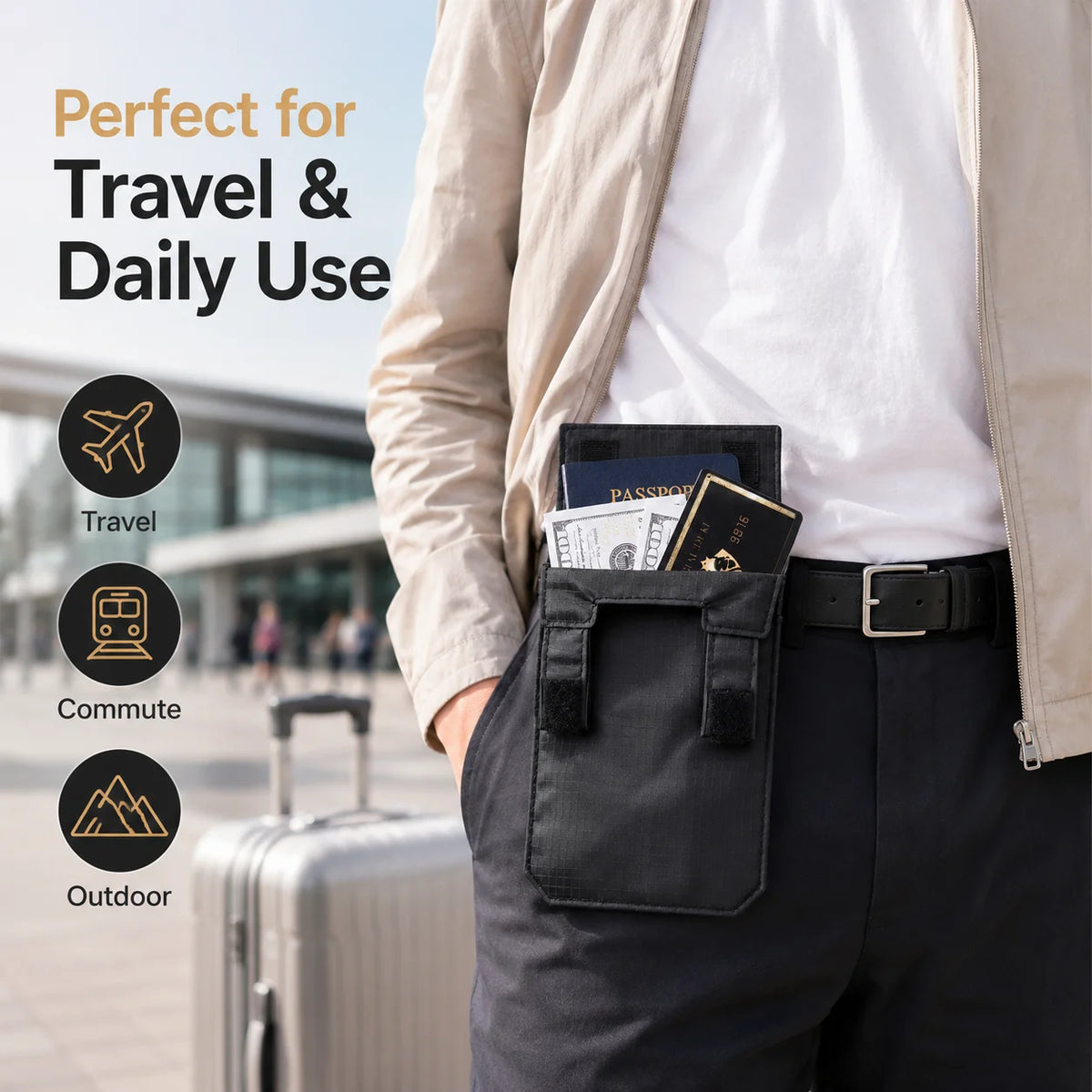 2026 Black Slim Belt Wallet Zero Bulk Anti Theft Belt Clip Mini Belt Wallet Hook and Loop Closure Hidden Compartment Belt Wallet