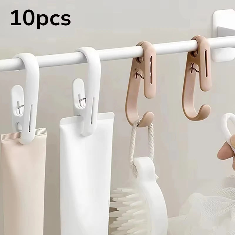 10Pcs Plastic Hanging Clips with Hooks Multipurpose Clothes Towel Curtain Clamps Portable Storage Hangers for Kitchen Bathroom H
