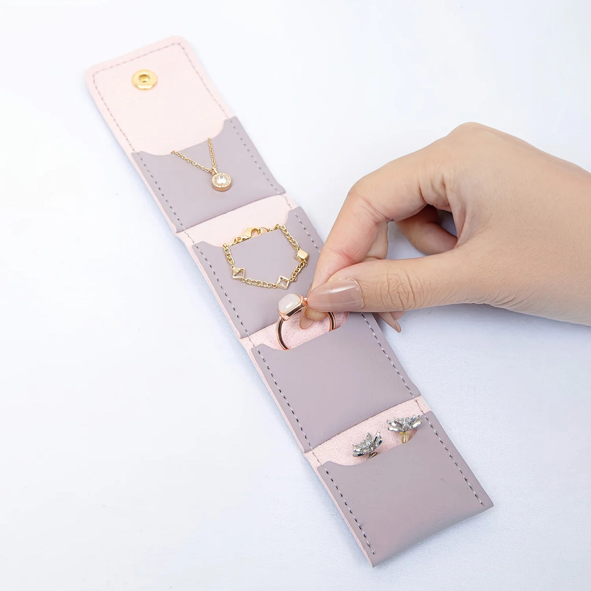 Portable PU Jewelry Storage Bag Mini Snap Button Jewellery Pouch for Earrings Rings Necklaces Travel